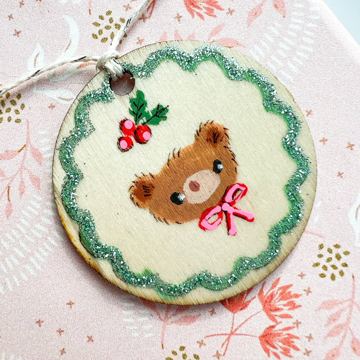 Sparkly Holiday Christmas Bear Hand Painted Round Wood Tag Label Gift Topper Ornament No.2-3