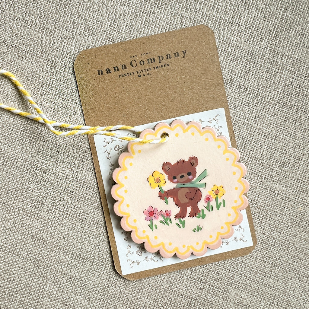Green Scarf Flower Bear Hand Painted Wood Tag
