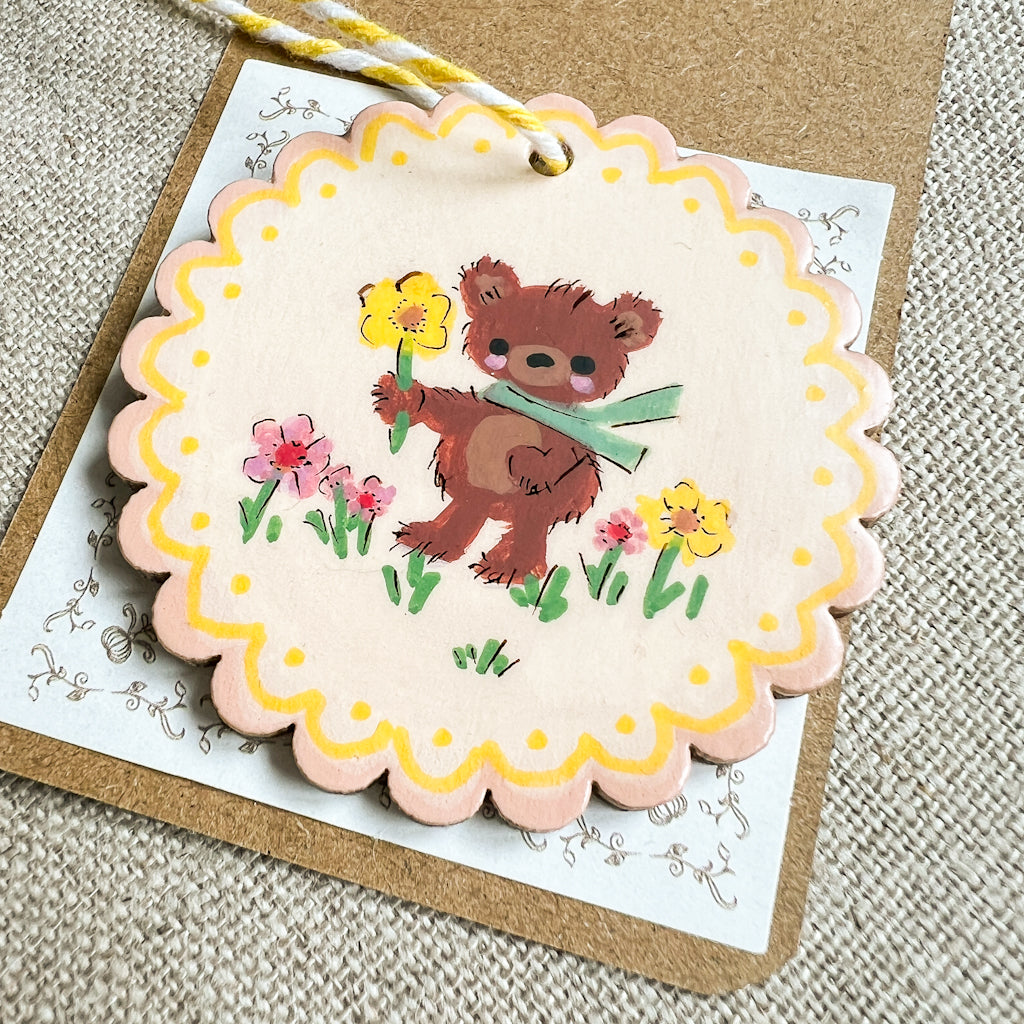Green Scarf Flower Bear Hand Painted Wood Tag