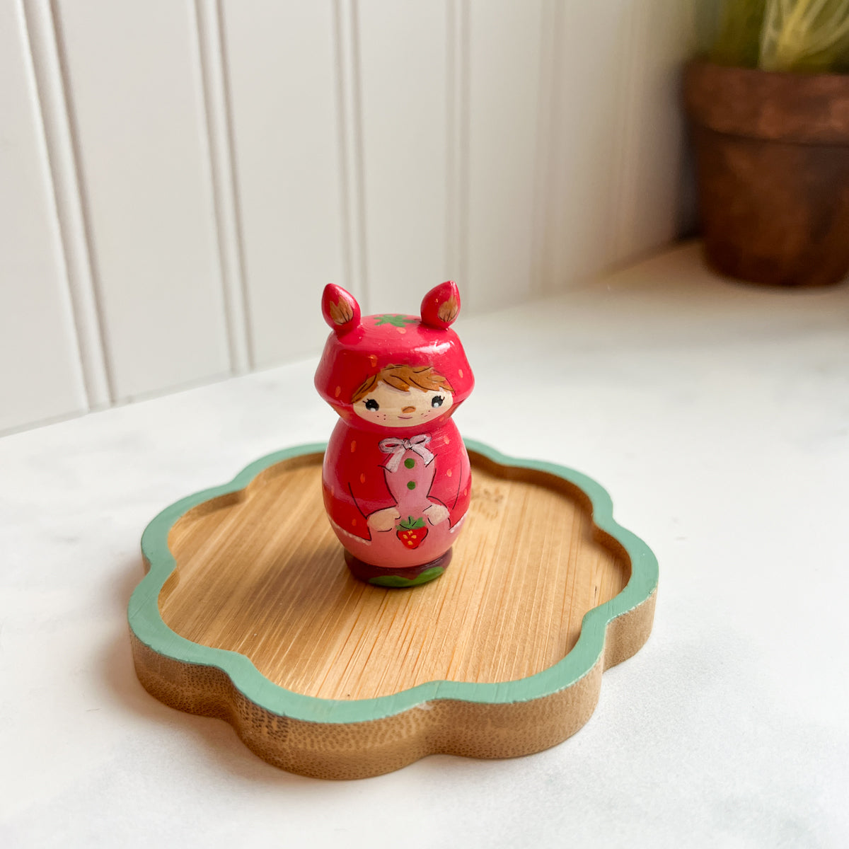 Hand Painted Strawberry/Cherry Girl Thread Spool Wood Tray | Choose Style