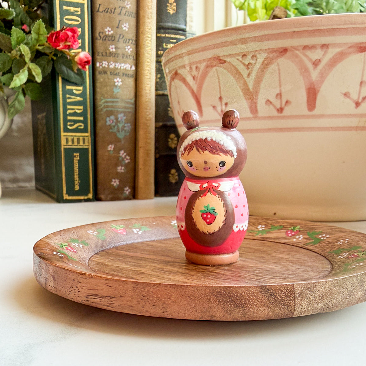 Hand Painted Strawberry Girl Thread Spool Wood Tray | Choose style