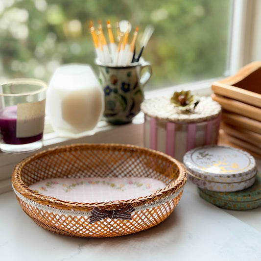 nanaCompany Vintage Basket with Hand-embroidered Liner, Cotton crochet Trim and Bow