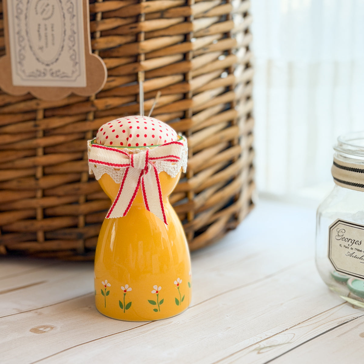 Vintage Yellow Flower Ceramic Egg Cup Pin Cushion