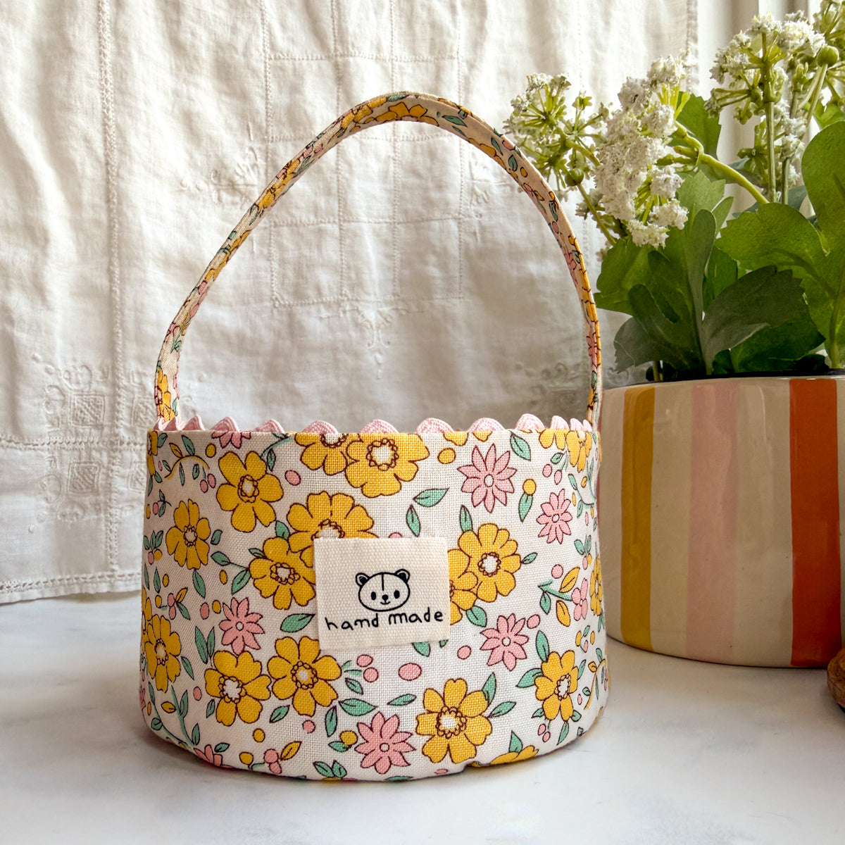 Yellow Flower Handmade basket with ric-rac trim