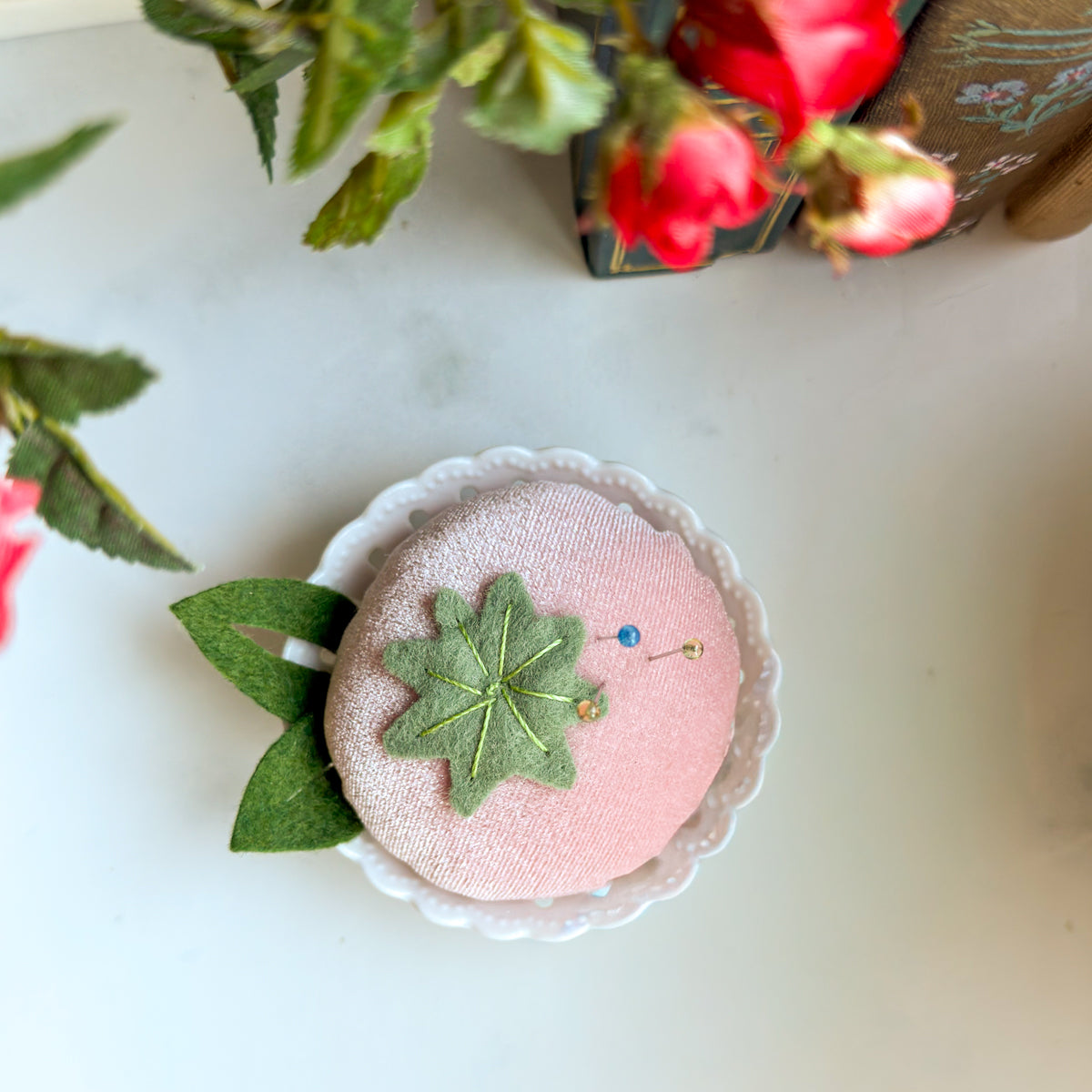 Fruity Tutti Velvet Pincushion in a Scalloped Ceramic Dish