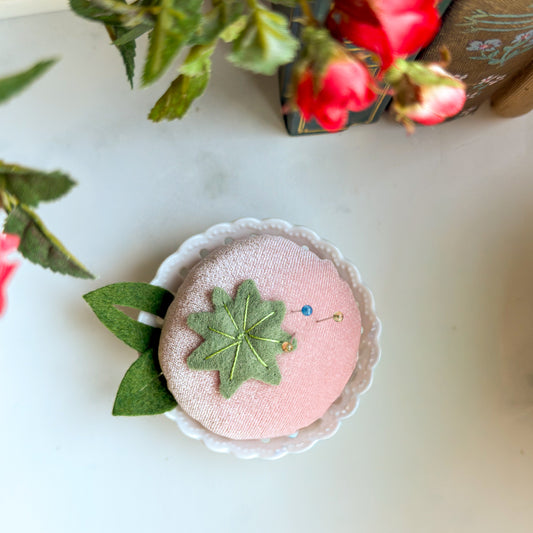 Fruity Tutti Velvet Pincushion in a Scalloped Ceramic Dish