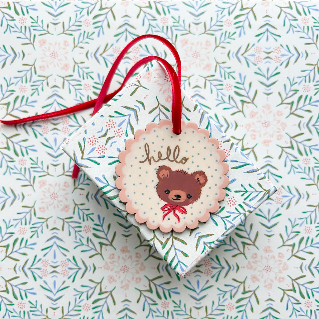 hello Red Bow Bear Hand Painted Wood Tag