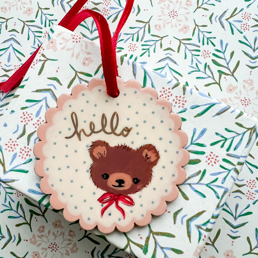 hello Red Bow Bear Hand Painted Wood Tag
