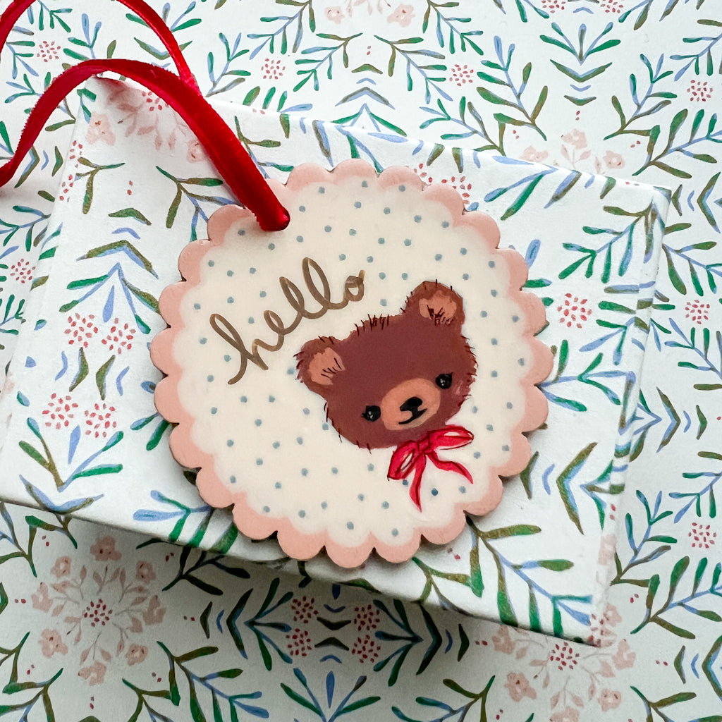 hello Red Bow Bear Hand Painted Wood Tag