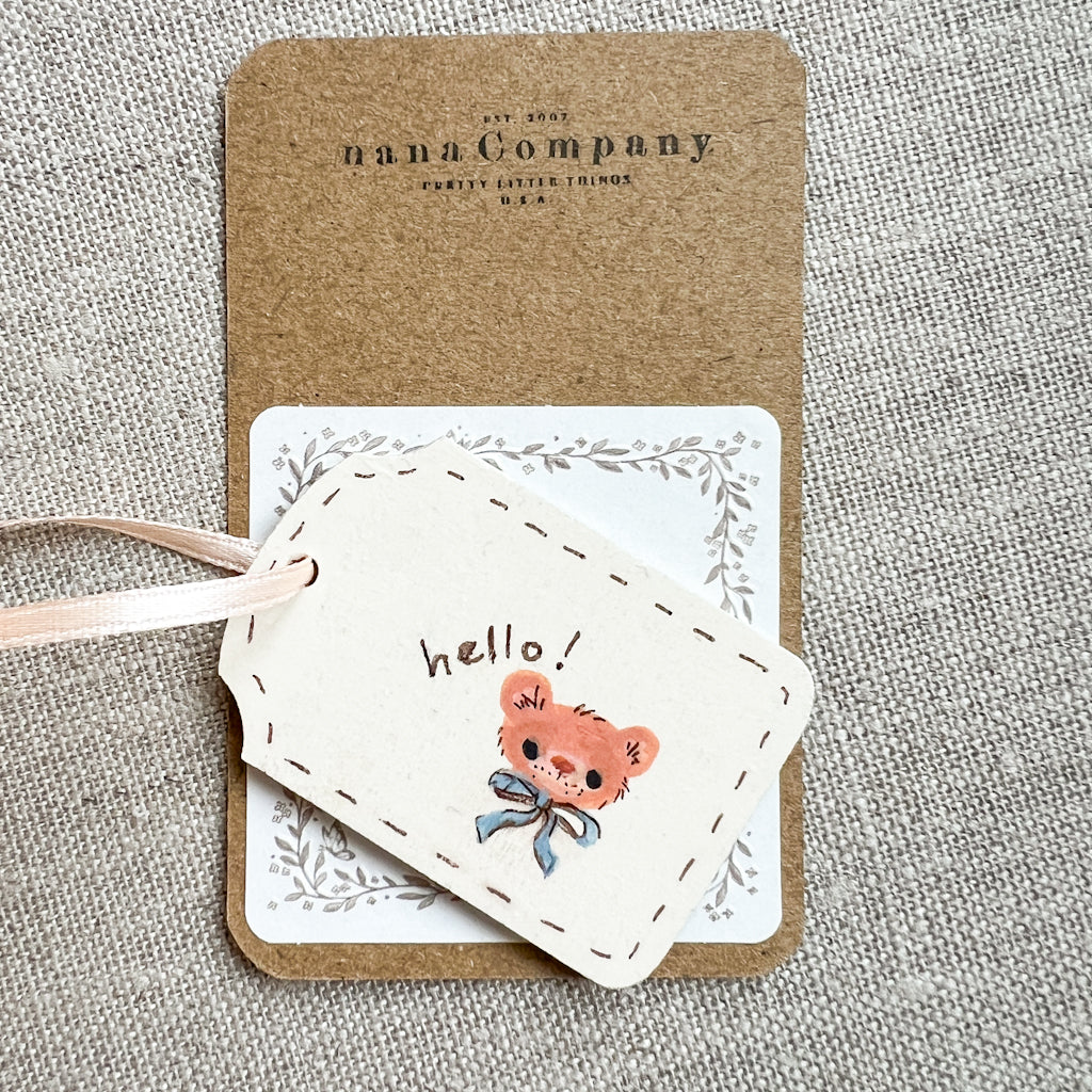hello! Blue Bow Bear Hand Painted Wood Tag
