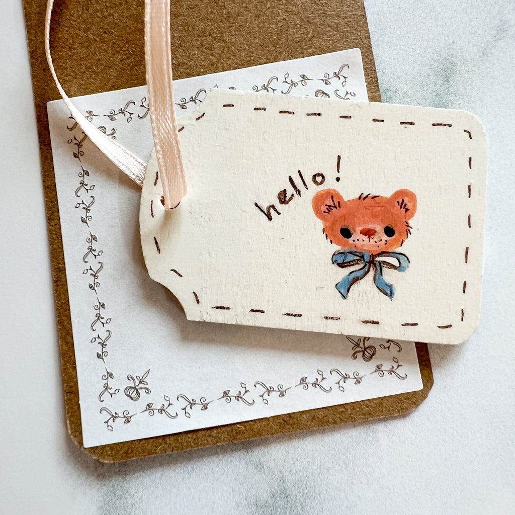 hello! Blue Bow Bear Hand Painted Wood Tag