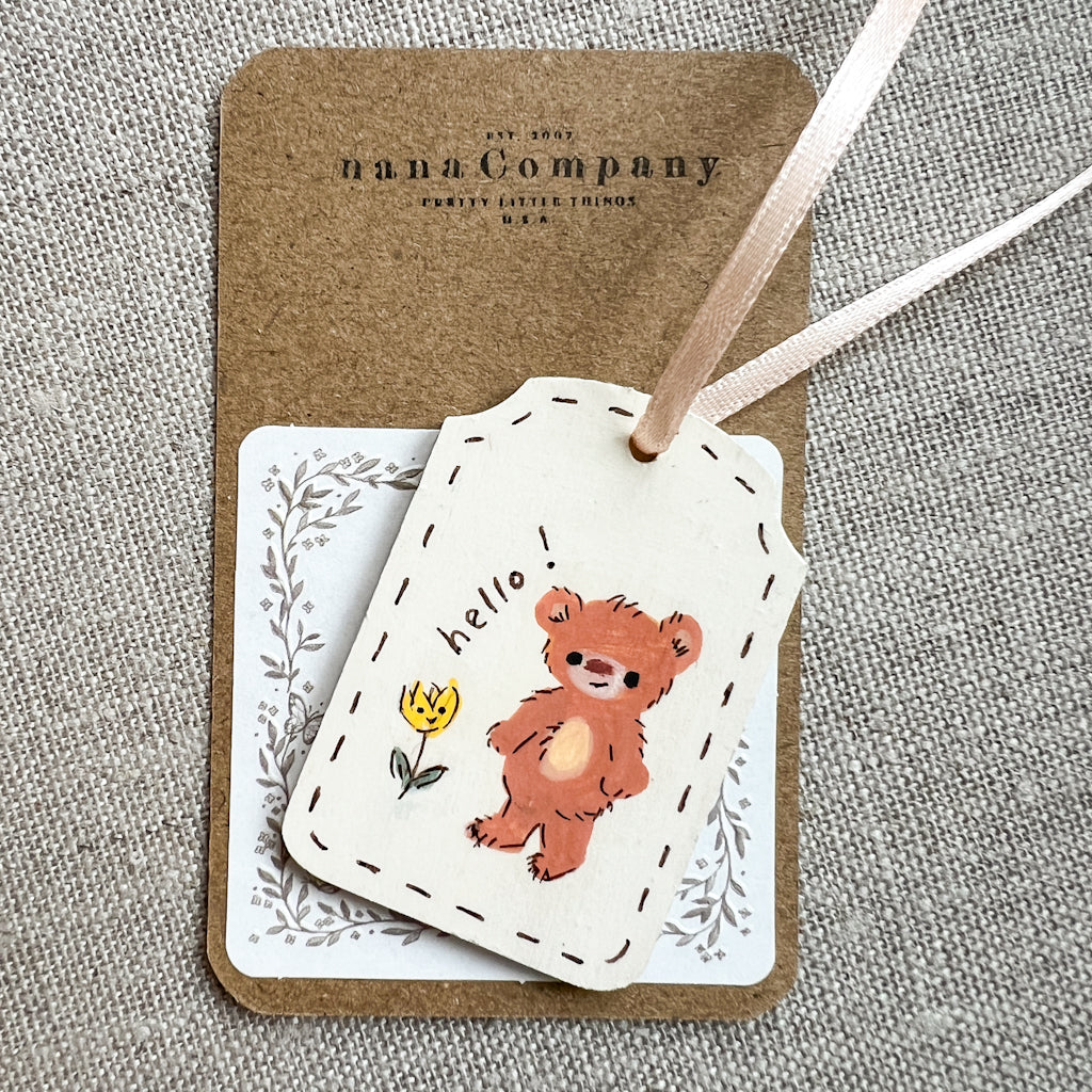 hello! Yellow Flower Bear Hand Painted Wood Tag