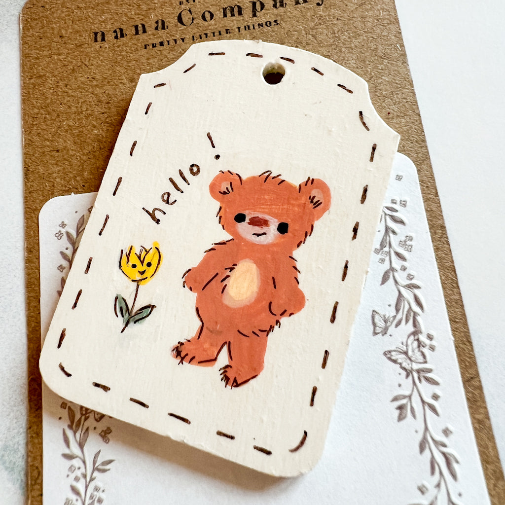 hello! Yellow Flower Bear Hand Painted Wood Tag