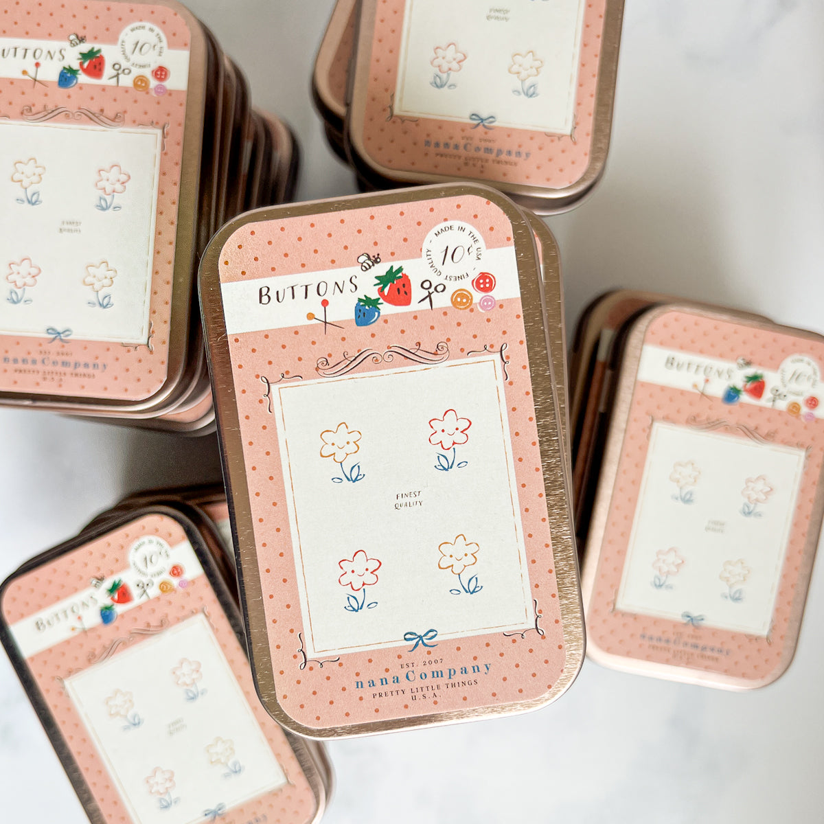 nanaCompany Buttons Card Sewing Tin Kit featuring Cherry Charm Retractable Scissors