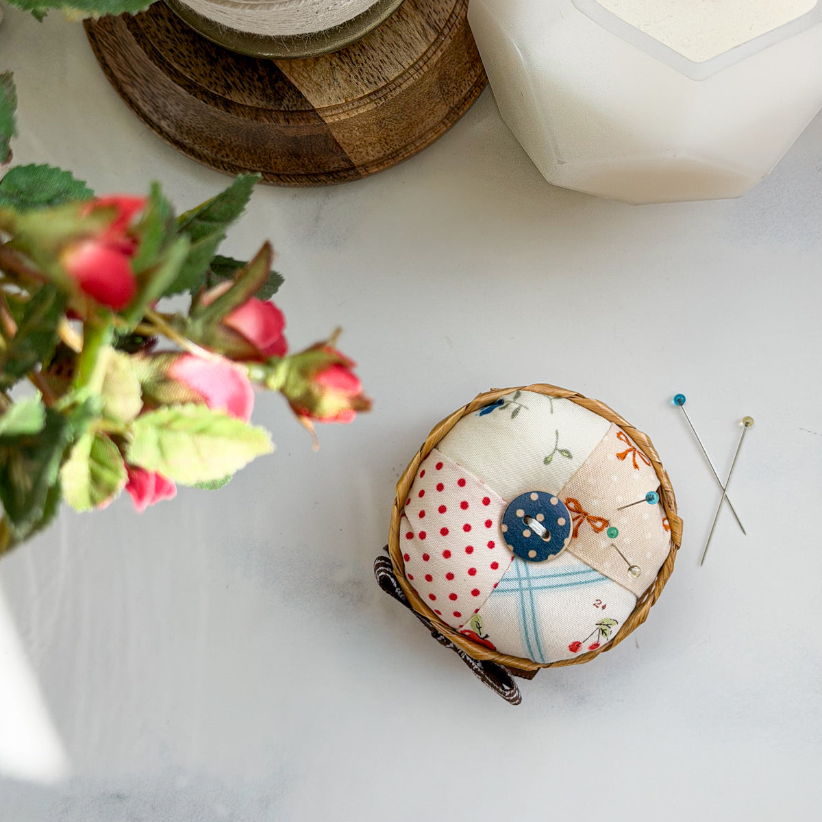 Woven Vintage Small Basket Handmade Pincushion with Cherries, Dots, Bows