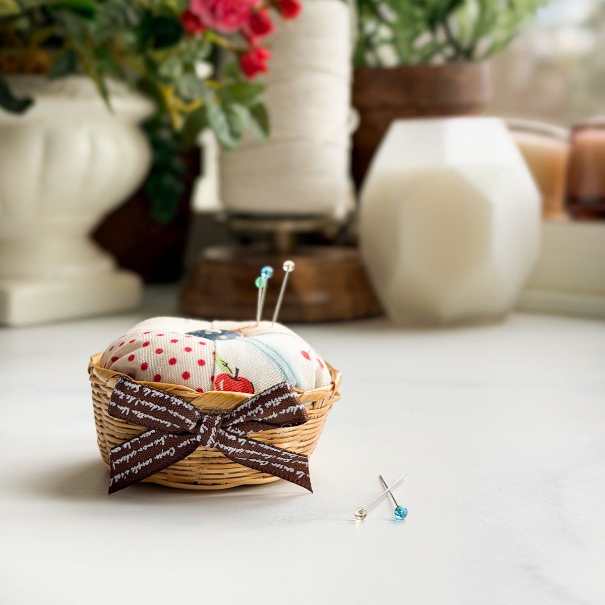 Woven Vintage Small Basket Handmade Pincushion with Cherries, Dots, Bows