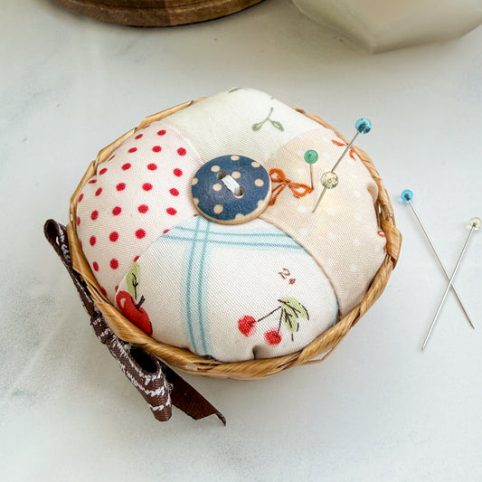 Woven Vintage Small Basket Handmade Pincushion with Cherries, Dots, Bows