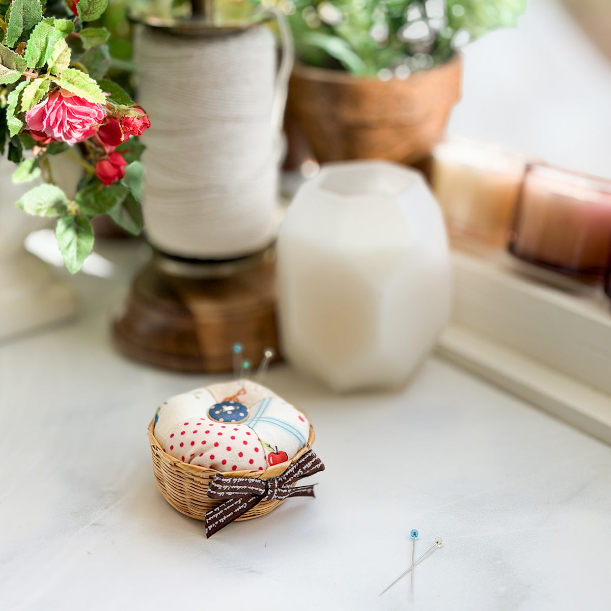 Woven Vintage Small Basket Handmade Pincushion with Cherries, Dots, Bows