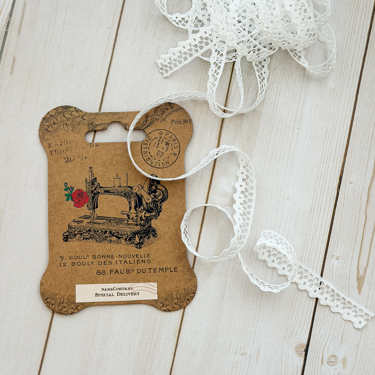 Antiqued Lace on a Decorative Kraft Bobbin| Two yards