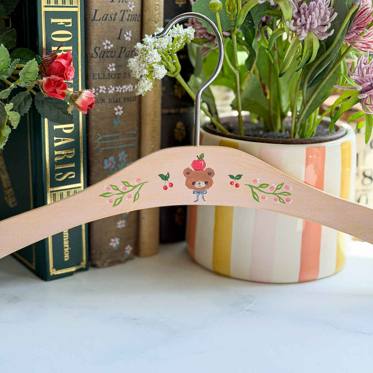 Sweet Vintage Look Hand-painted Wood Baby Child Hanger | Choose Bear or Cat