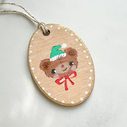 Holiday Christmas Bear Hand Painted Oval Wood Tag Gift Topper Ornament