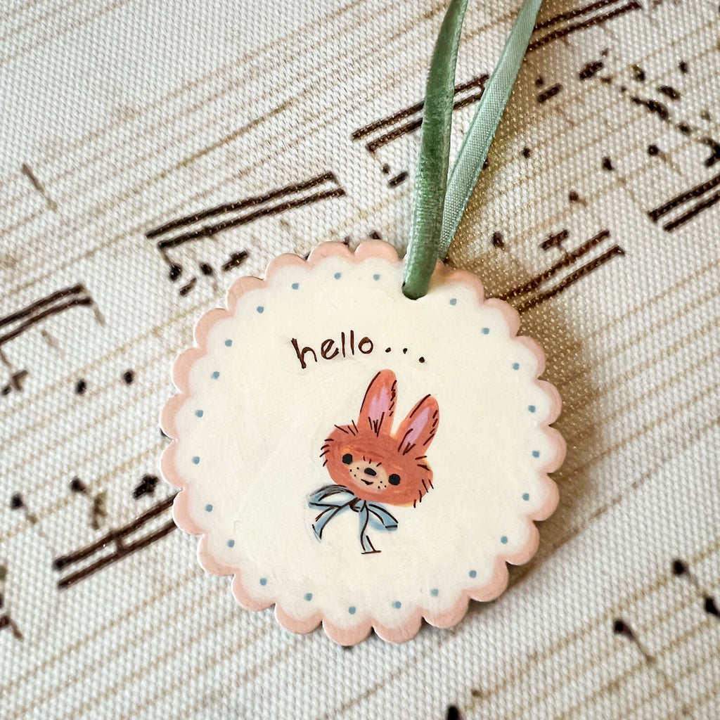 hello Blue Bow Bunny Hand Painted Wood Tag