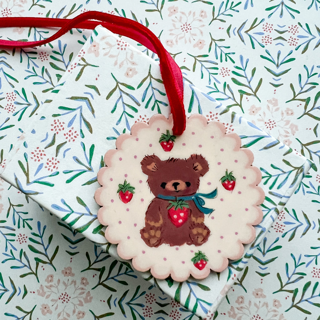 Blue Scarf Strawberry Bear Hand Painted Wood Tag