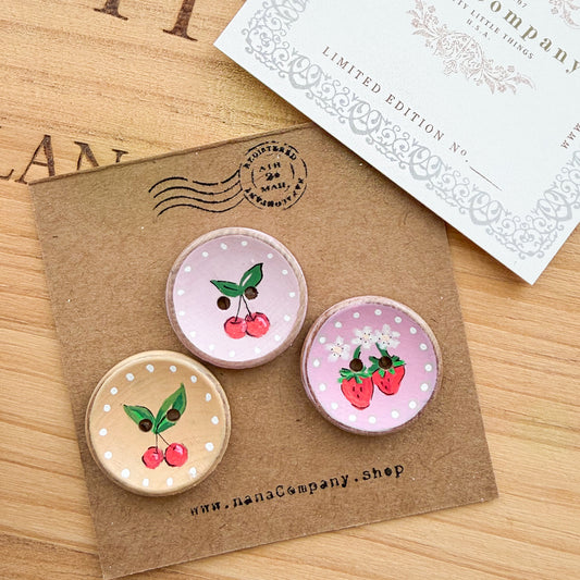 Handpainted Cherry + Strawberry wood buttons | Set of Three