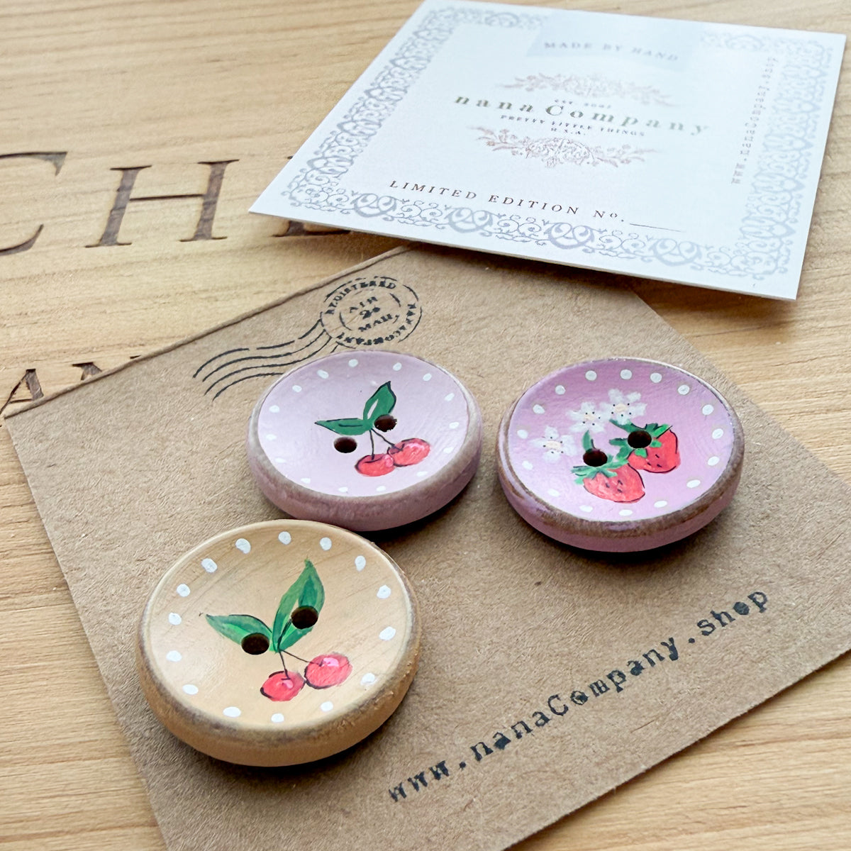 Handpainted Cherry + Strawberry wood buttons | Set of Three