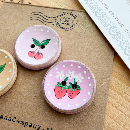 Handpainted Cherry + Strawberry wood buttons | Set of Three