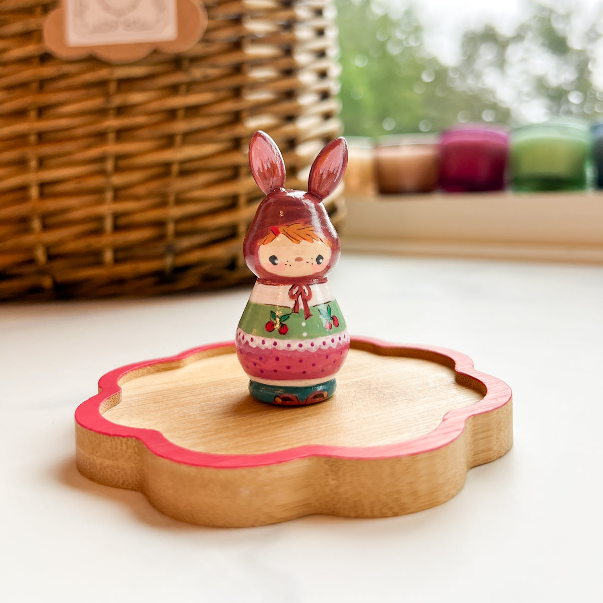 Hand Painted Strawberry/Cherry Girl Thread Spool Wood Tray | Choose Style