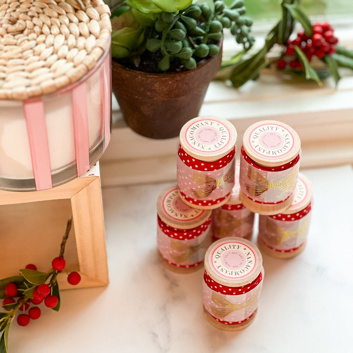 Red White Polka Dot Ribbon - nanaCompany Wooden Bobbin