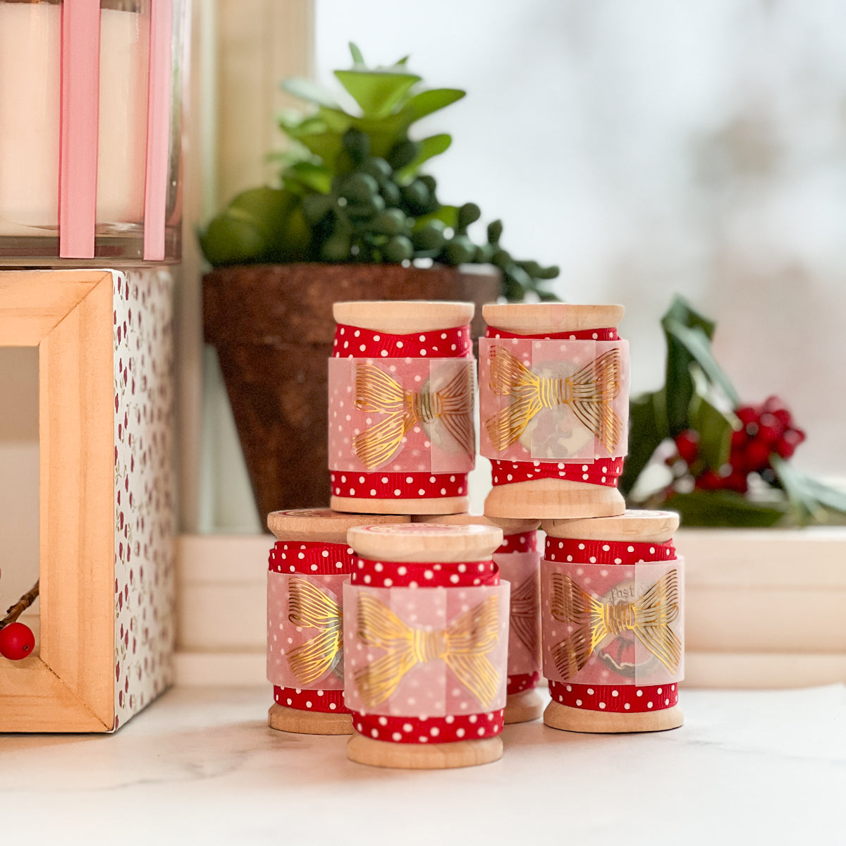 Red White Polka Dot Ribbon - nanaCompany Wooden Bobbin