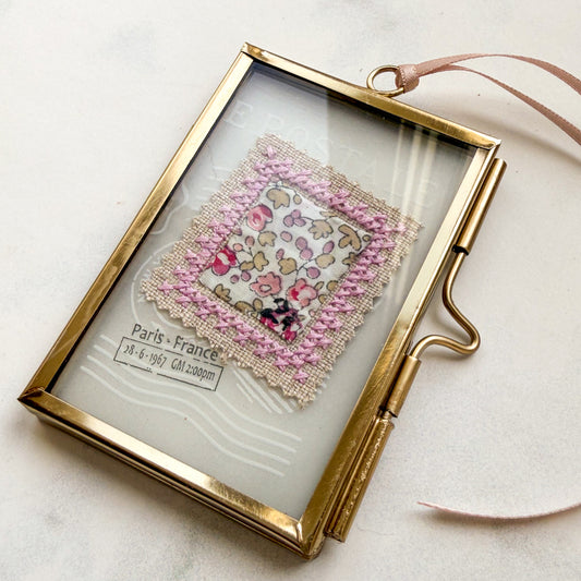 Glass-framed Cross-stitched Stamp Art Handmade by Amy Sinibaldi