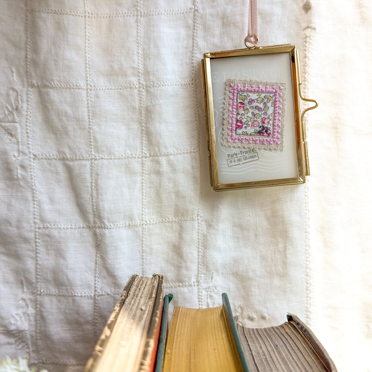 Glass-framed Cross-stitched Stamp Art Handmade by Amy Sinibaldi