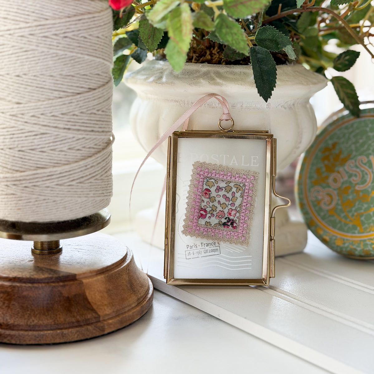 Glass-framed Cross-stitched Stamp Art Handmade by Amy Sinibaldi