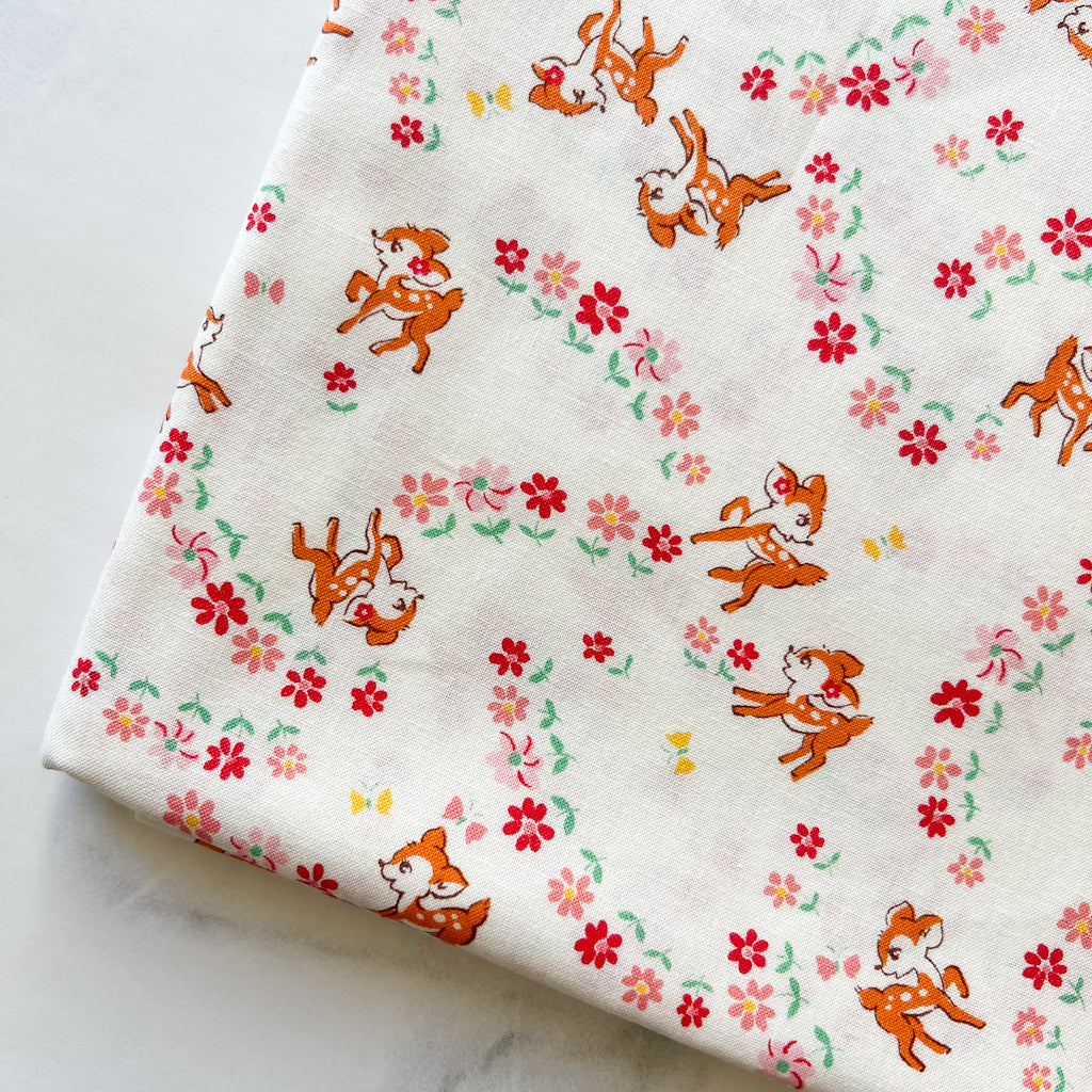 Old New 30’s Darling Deer and Flowers Fabric | White | Fat Quarter