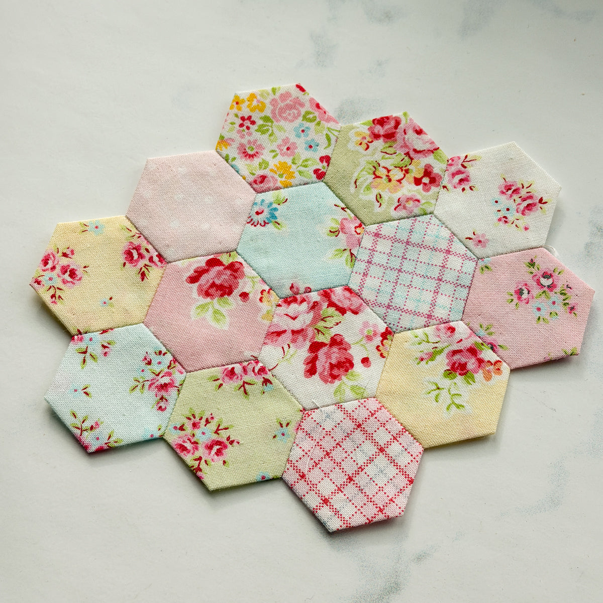 Flower Sugar 3/4” Hexagons Hand pieced Medallion