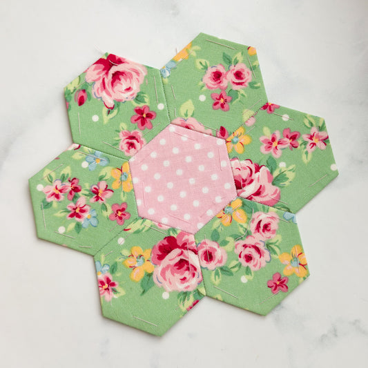 Flower Sugar 1 1/4” Hand pieced Hexagon Flowers set of Four | Papers inside