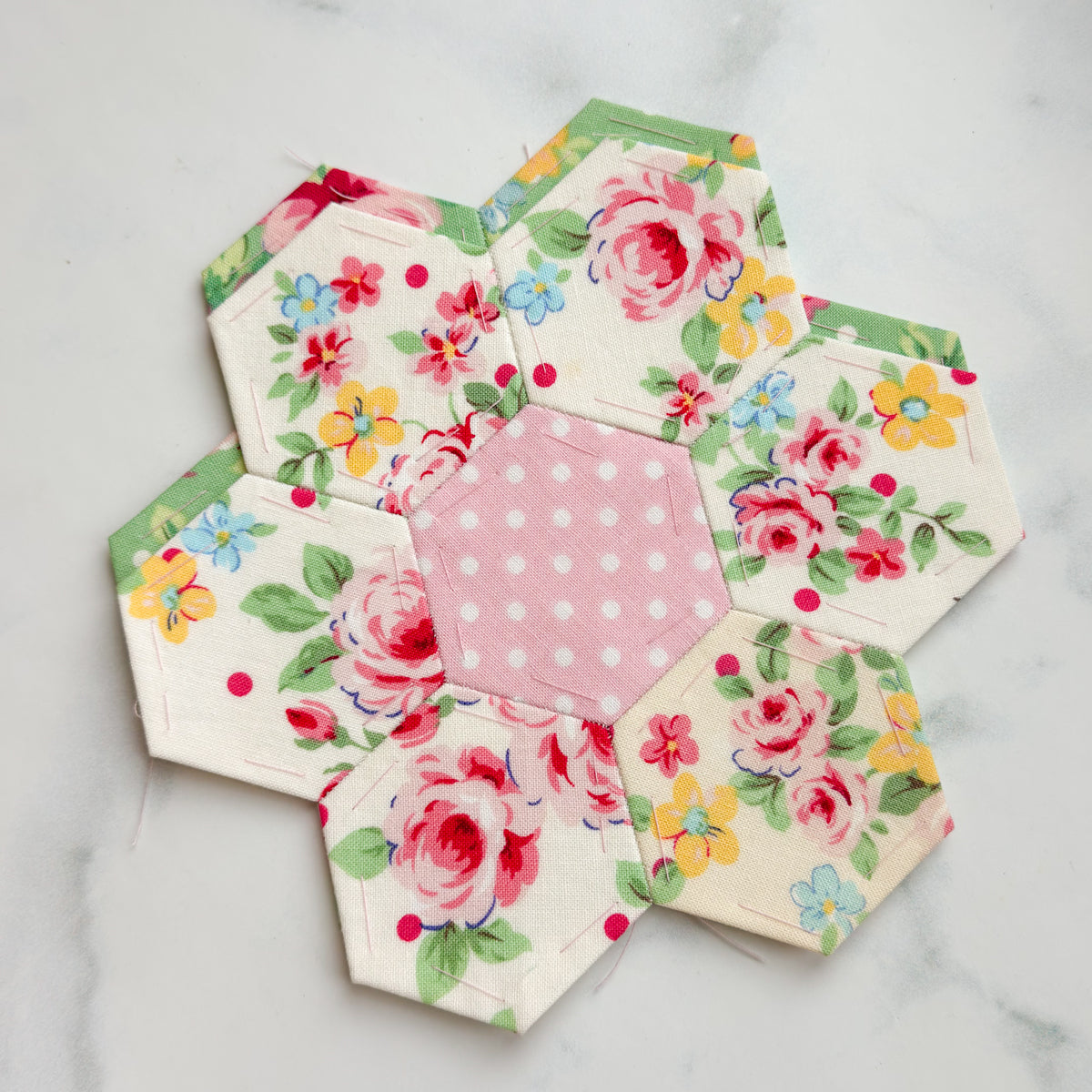 Flower Sugar 1 1/4” Hand pieced Hexagon Flowers set of Four | Papers inside