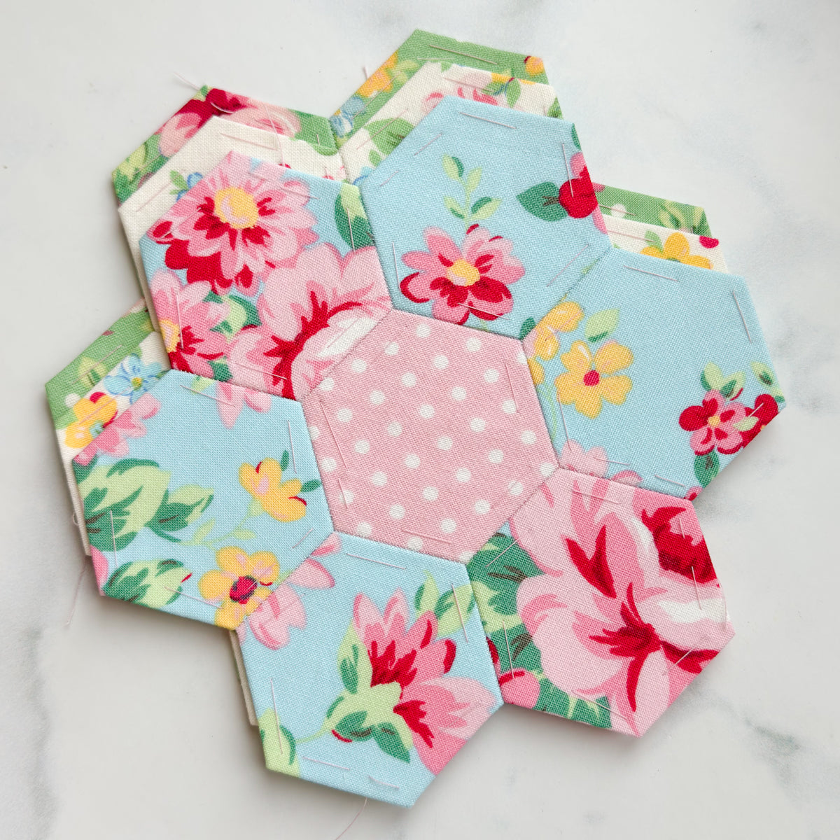 Flower Sugar 1 1/4” Hand pieced Hexagon Flowers set of Four | Papers inside