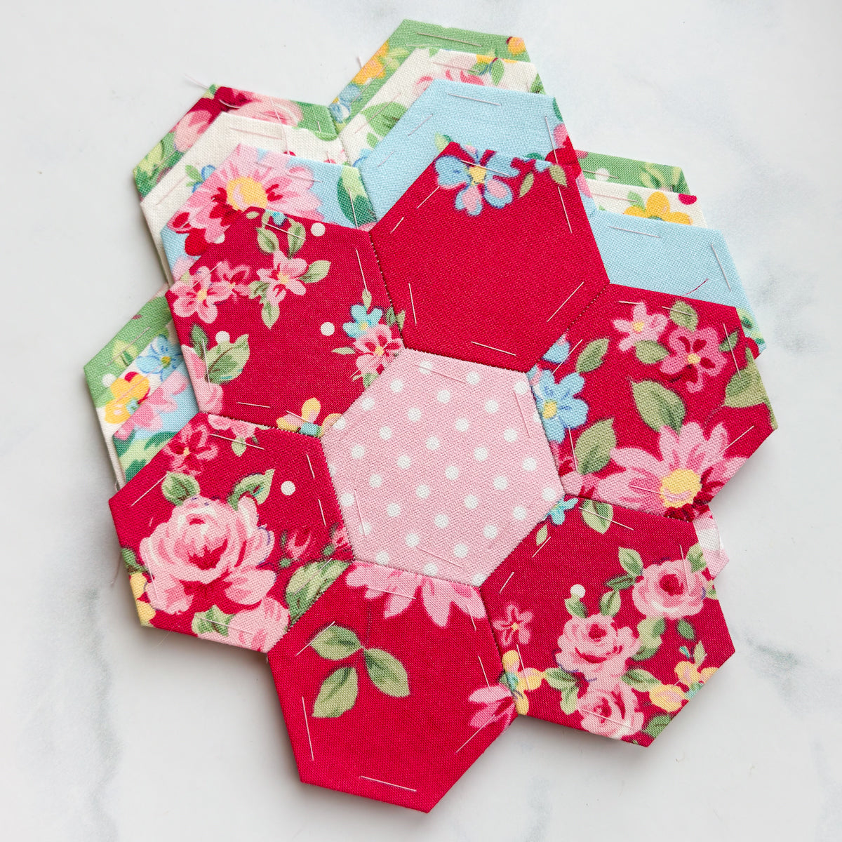 Flower Sugar 1 1/4” Hand pieced Hexagon Flowers set of Four | Papers inside