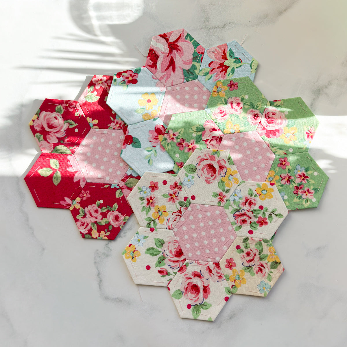Flower Sugar 1 1/4” Hand pieced Hexagon Flowers set of Four | Papers inside