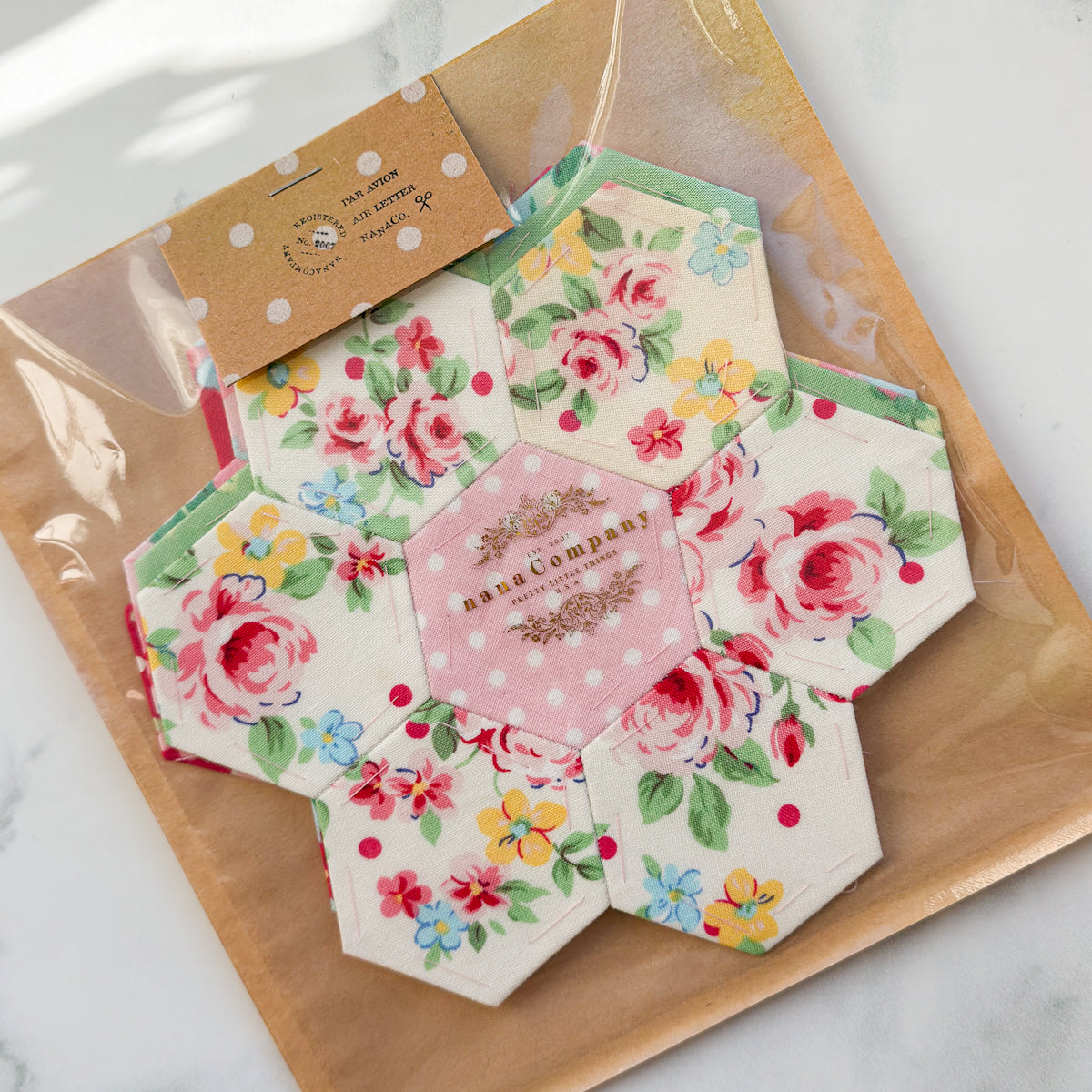 Flower Sugar 1 1/4” Hand pieced Hexagon Flowers set of Four | Papers inside
