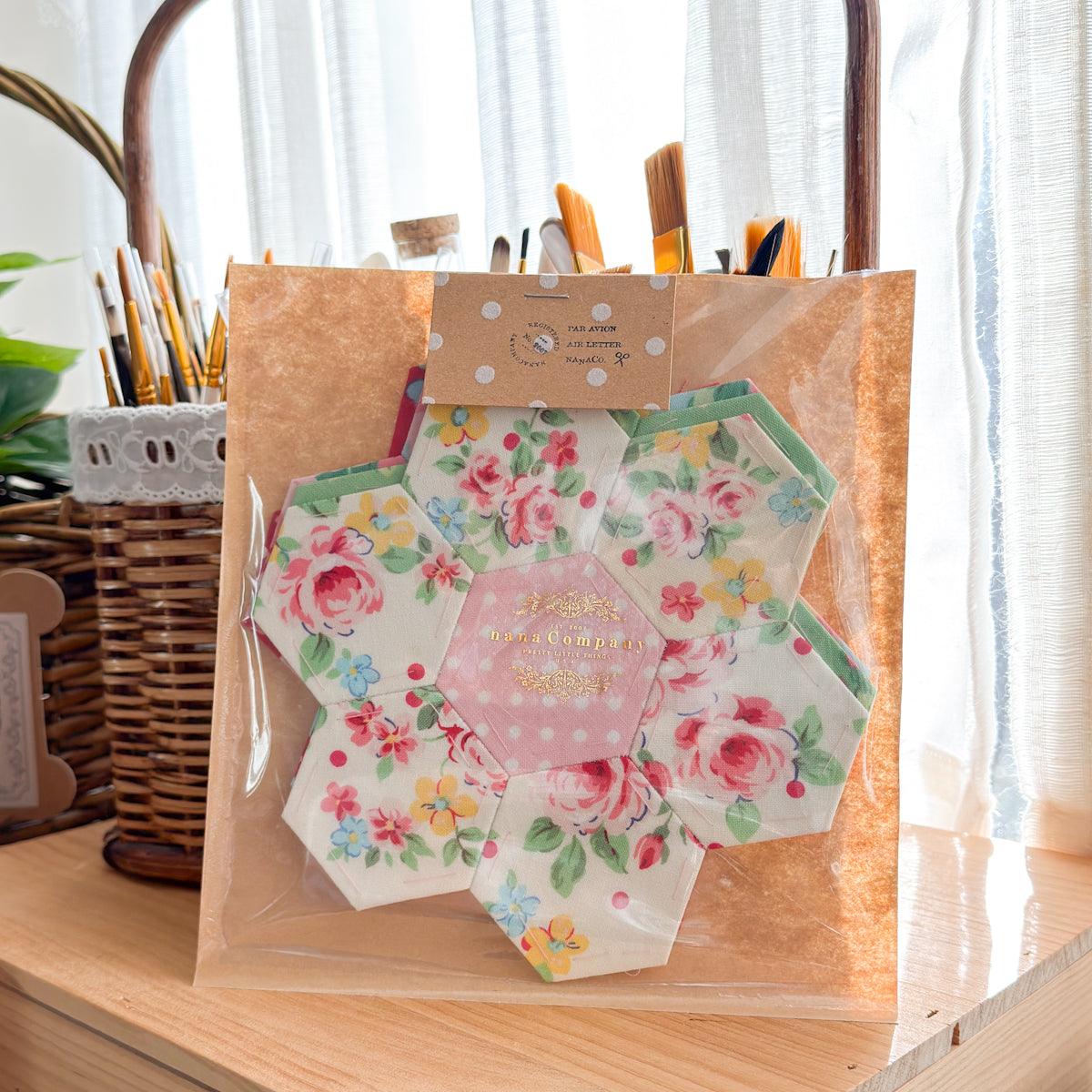 Flower Sugar 1 1/4” Hand pieced Hexagon Flowers set of Four | Papers inside