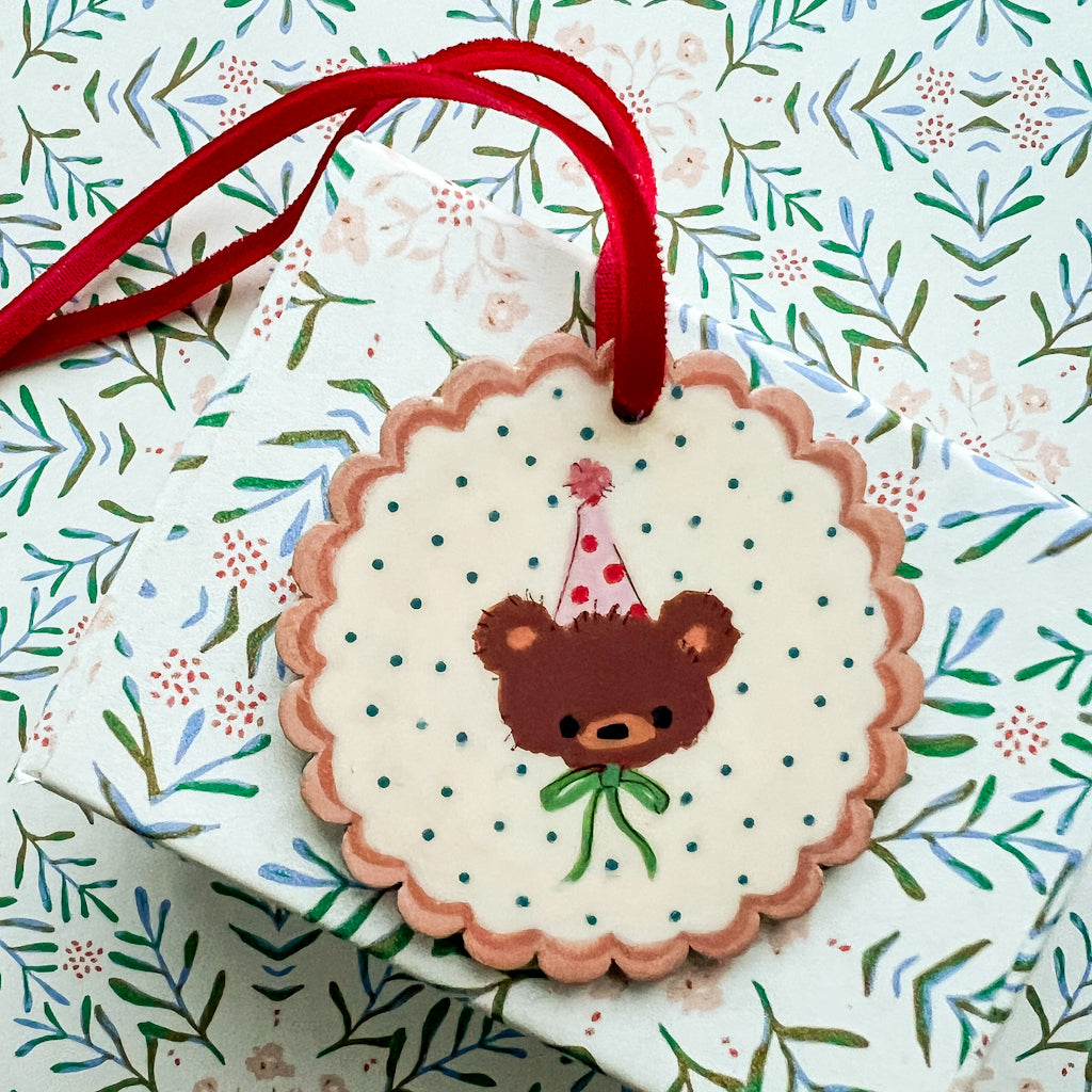 Green Bow Party Bear Hand Painted Wood Tag