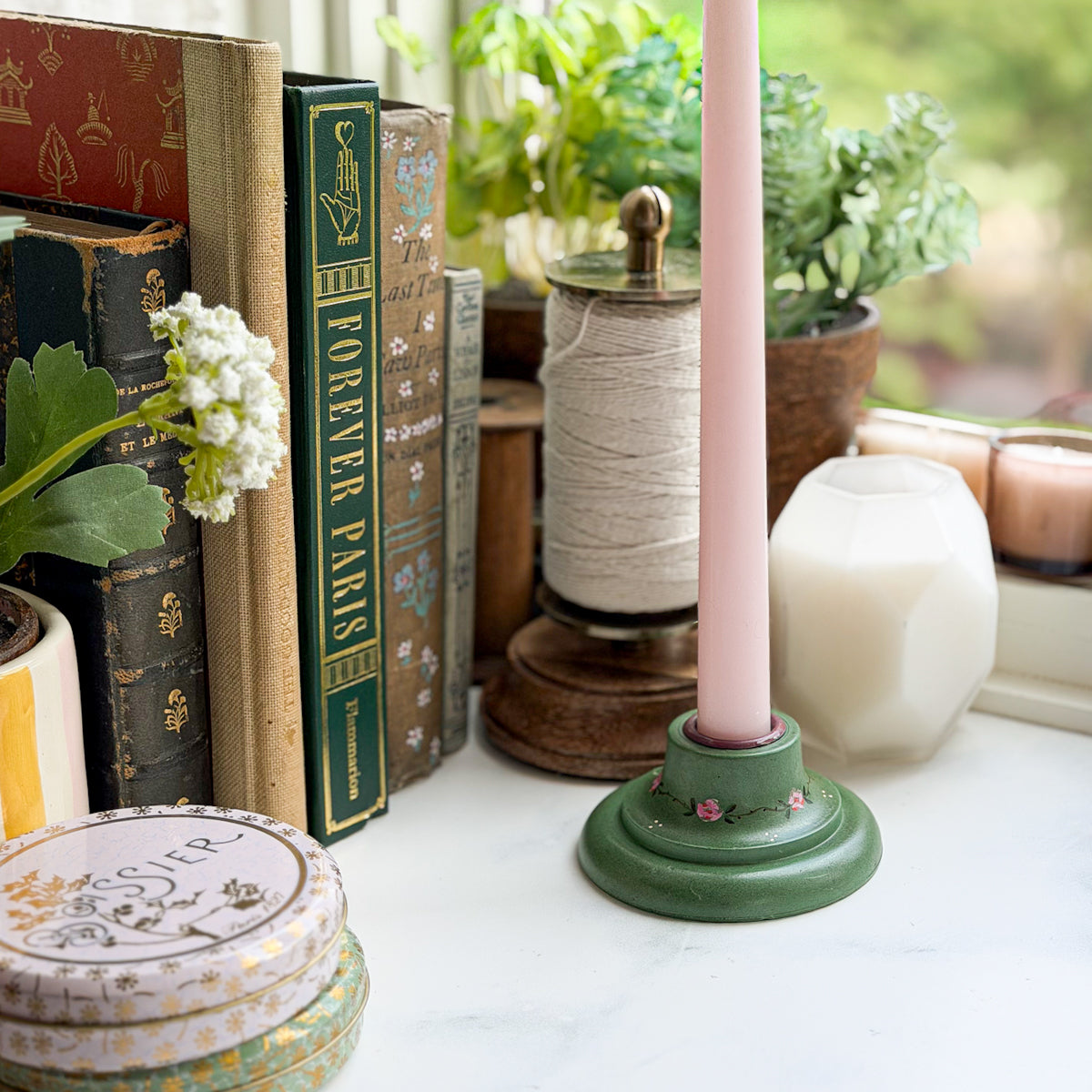 Hand Painted Green Cottage Core Aesthetic Candle Holder