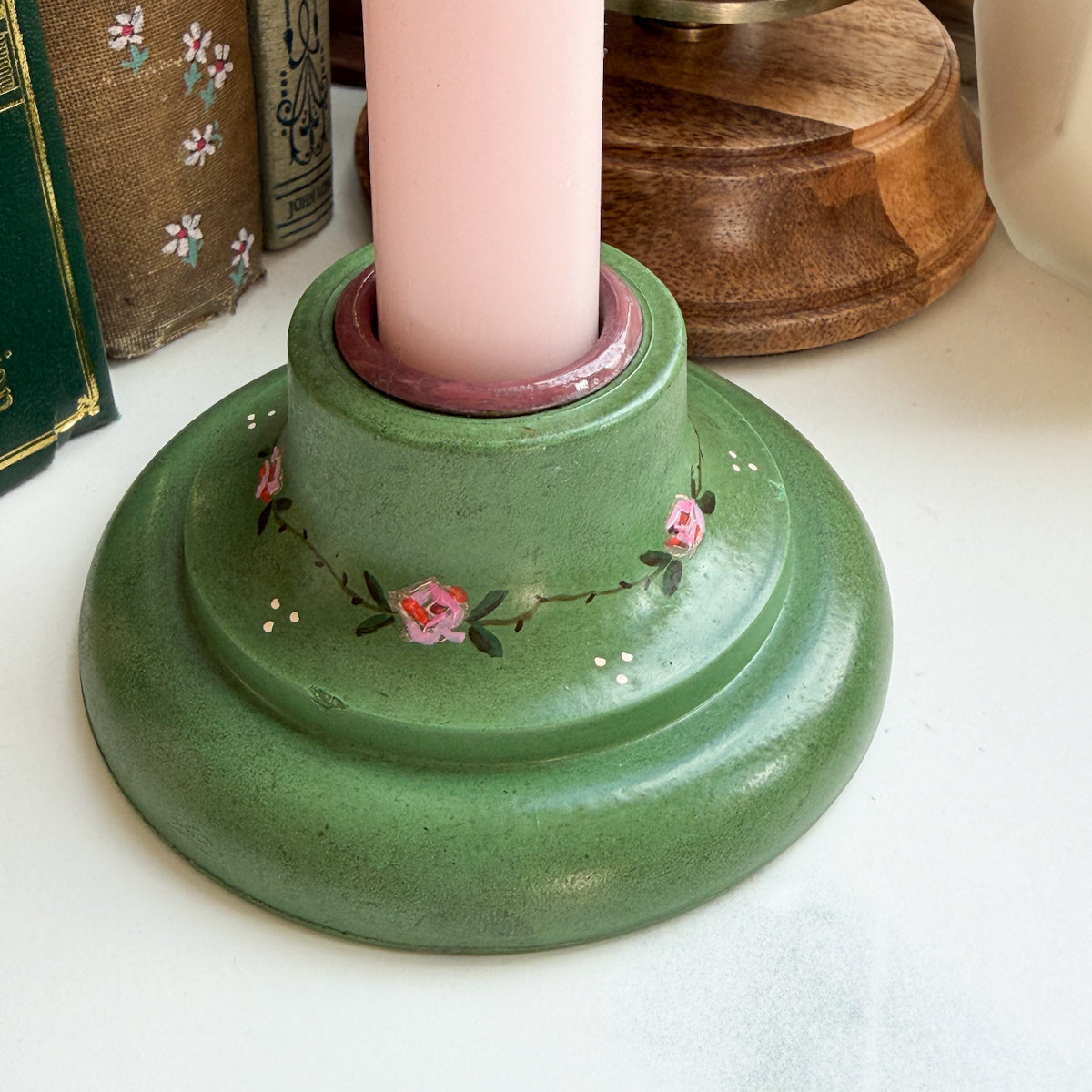 Hand Painted Green Cottage Core Aesthetic Candle Holder