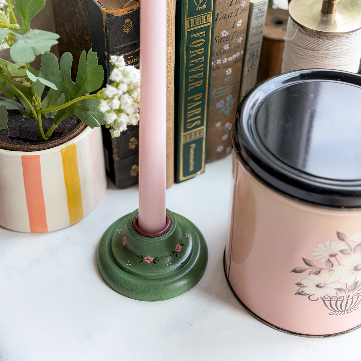 Hand Painted Green Cottage Core Aesthetic Candle Holder