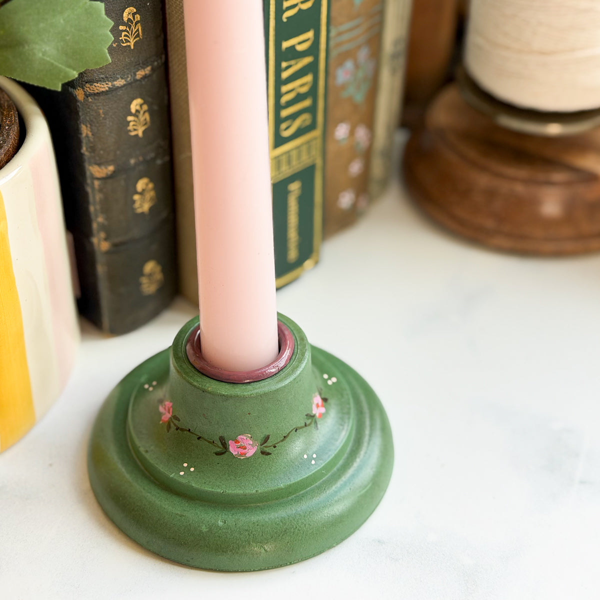 Hand Painted Green Cottage Core Aesthetic Candle Holder